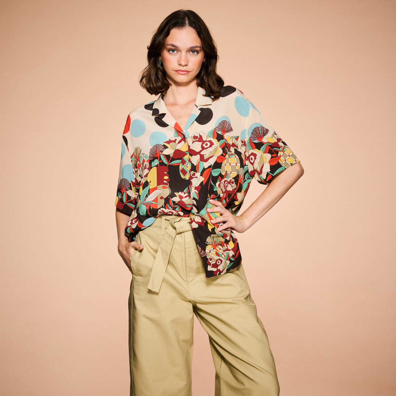 Rumisu -  Silk Shirt - Black & Pomegranate & Baby Blue