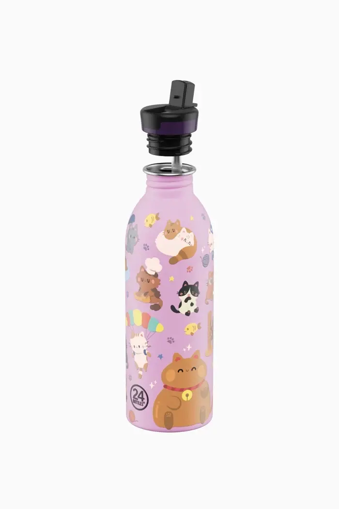 24 Bottles - Kids Bottle Meow Friends Pipetli Paslanmaz Çelik Çocuk Su Matarası, 500ml