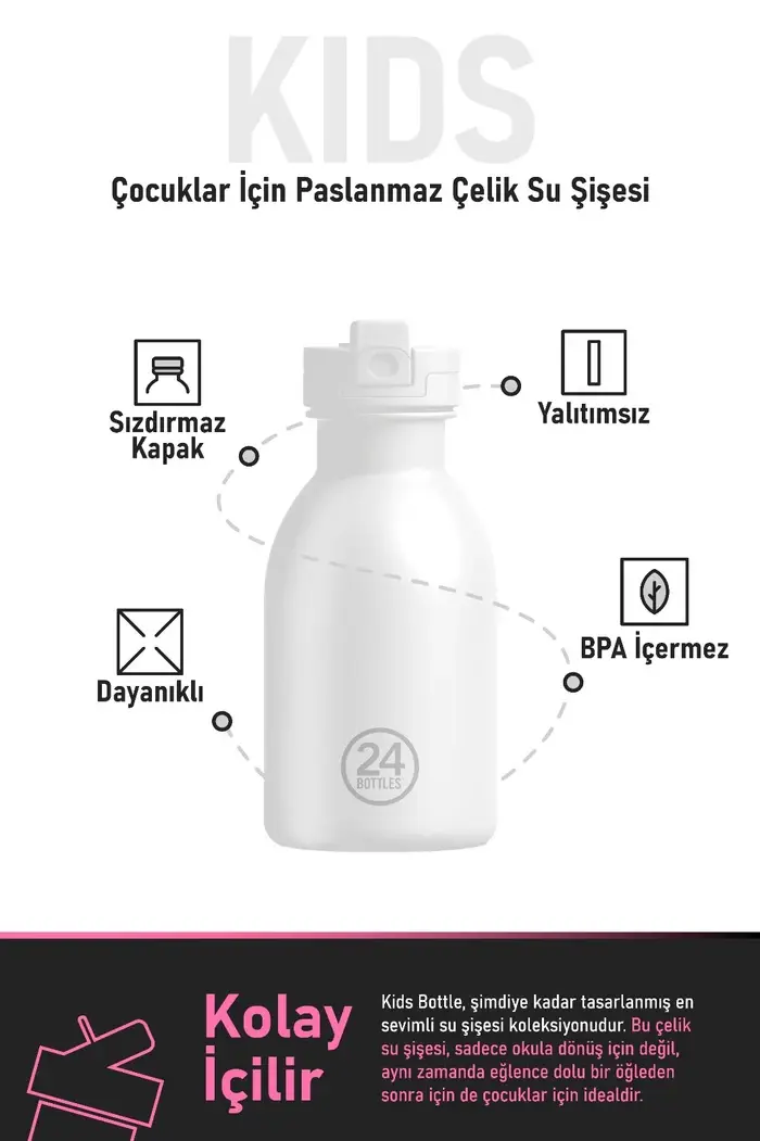 24 Bottles - Kids Bottle Meow Friends Pipetli Paslanmaz Çelik Çocuk Su Matarası, 500ml