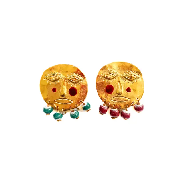 Tanti - Earring - Golden Fancy Dudes - Dark Red & Green