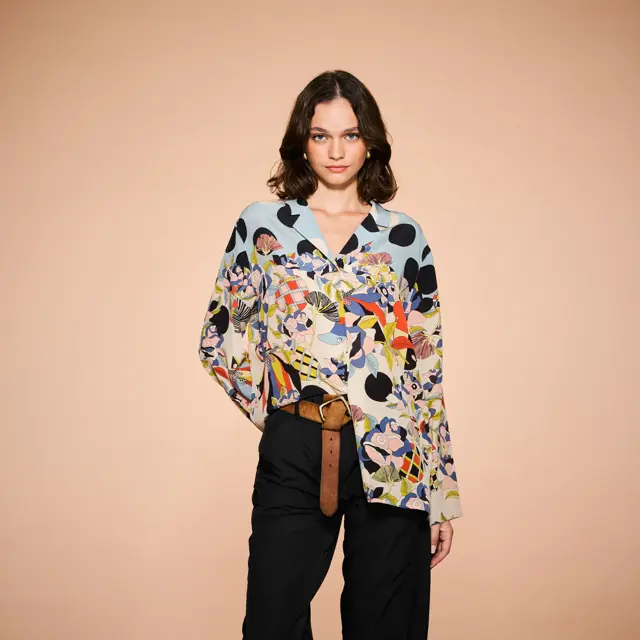 Rumisu -  Silk Shirt - Baby Blue & Black & White