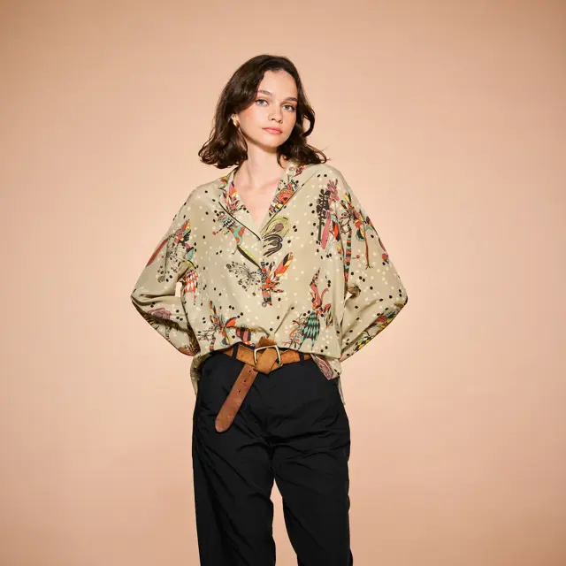 Rumisu -  Silk Shirt - Petal & Play - Mold  Green & Black & Mustard & Pomegranate Blossom