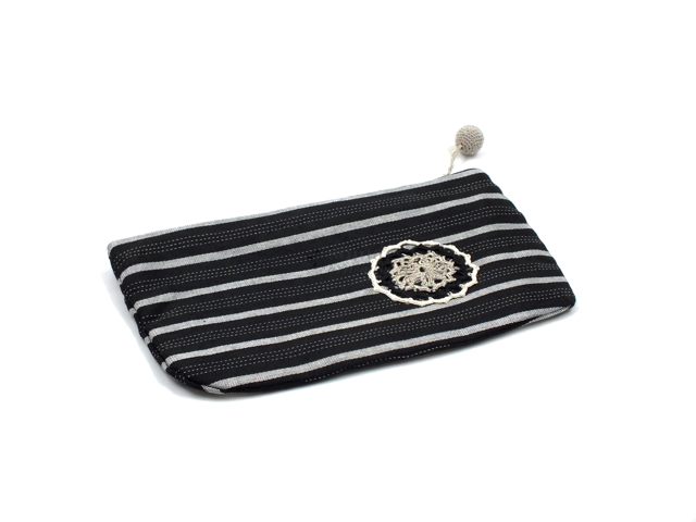 Soma - Embroidered Black and White Striped Floral Motif Bag